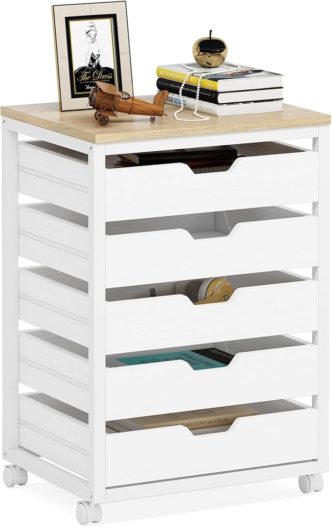 Tribesigns 5 Drawer Chest, Wood Storage Dresser Cabinet with Wheels, Industrial Storage Drawer Organizer Cart for Office Bedroom Entryway (White, 1 PC)