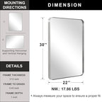 ANDY STAR Brushed Nickel Mirror for Bathroom, 22"x30" Silver Metal Frame Wall Mirror, Rectangular Stainless Steel Rounded Corner