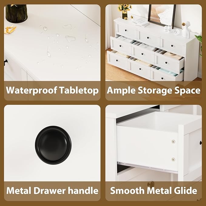 CHUWELL White Dresser for Bedroom, 59.1" Wide Dressers & Chests of Drawers with Large Capacity Storage,9 Drawers Dresser for Bedroom