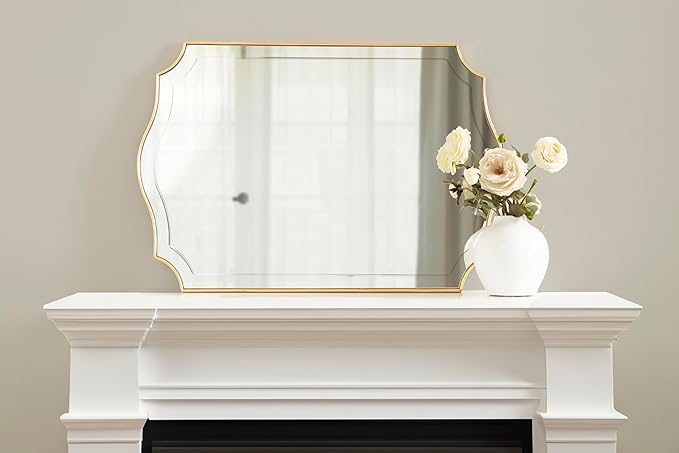 Kate and Laurel Hollyn Glam Scalloped Rectangle Wall Mirror; 24 x 36; Gold; Modern Scallop Mirror with Engraved Border for Bathroom Mirror for Over Sink or Fireplace Mantel Mirror