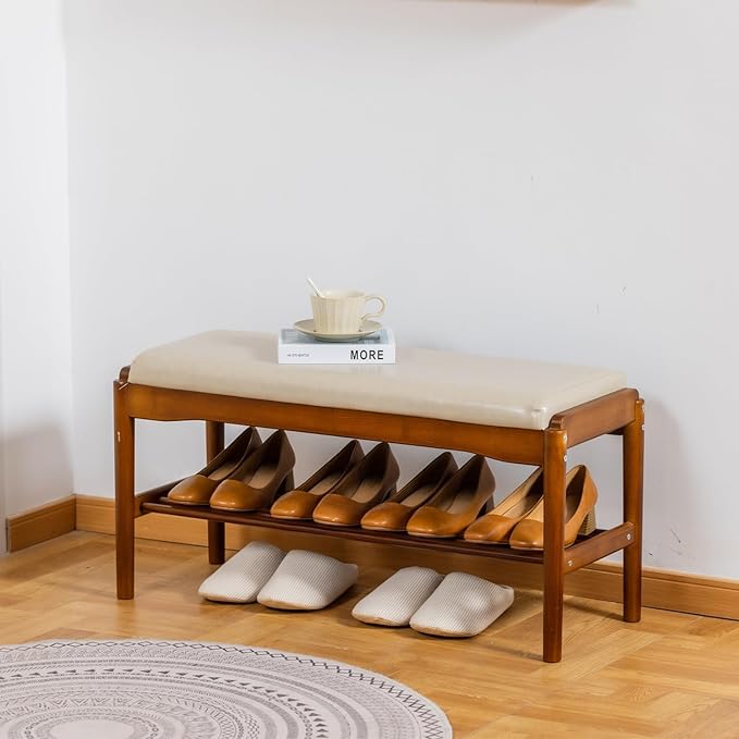 latifolia Small Shoe Bench, Solid Wood Bench with Cushion, 2 Tier Shoe Storage Organizer for Entryway(Walnut,31.50''L)
