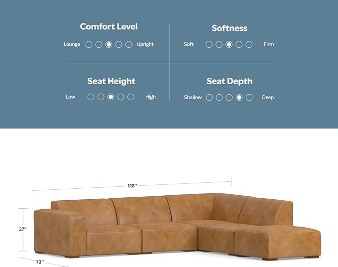 SIMPLIHOME Rex Right Corner Sectional Modular Sofa and Ottoman Set in Full-Grain Genuine Leather, Sienna, 116-inch-wide L-Shaped Leather Sofa and Matching 34-inch-Wide Table Ottoman for Living Room