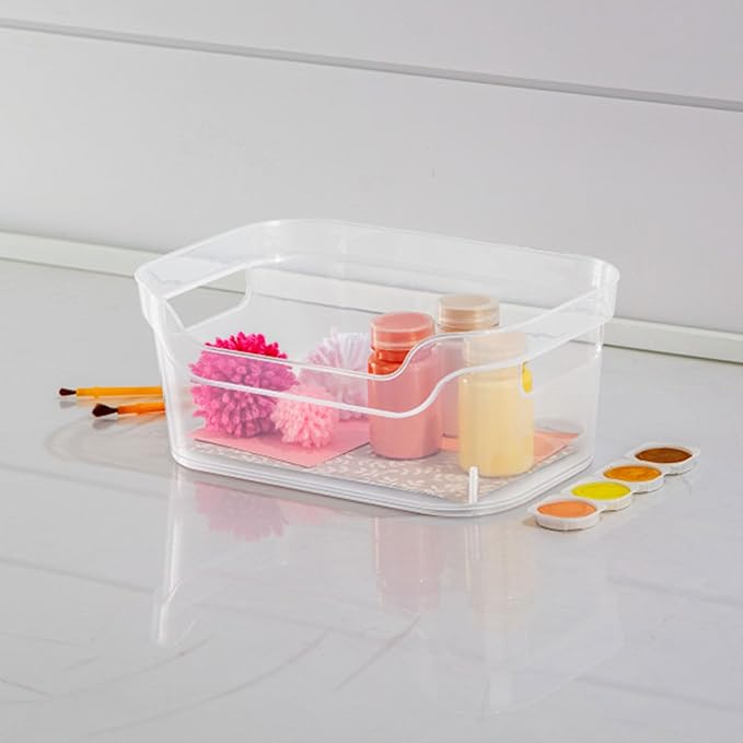 Sterilite 9.5 x 6.5 x 4 Inch Small Open Scoop Front Clear Storage Bin with Comfortable Carry Through Handles for Household Organization (32 Pack)