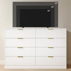 White Fluted Dresser Bedroom with 8 Drawer,55” Wide White Double Drawer Dresser Modern Chest of Drawers with Gold Handles,Wood TV Stand for Bedroom,Living Room