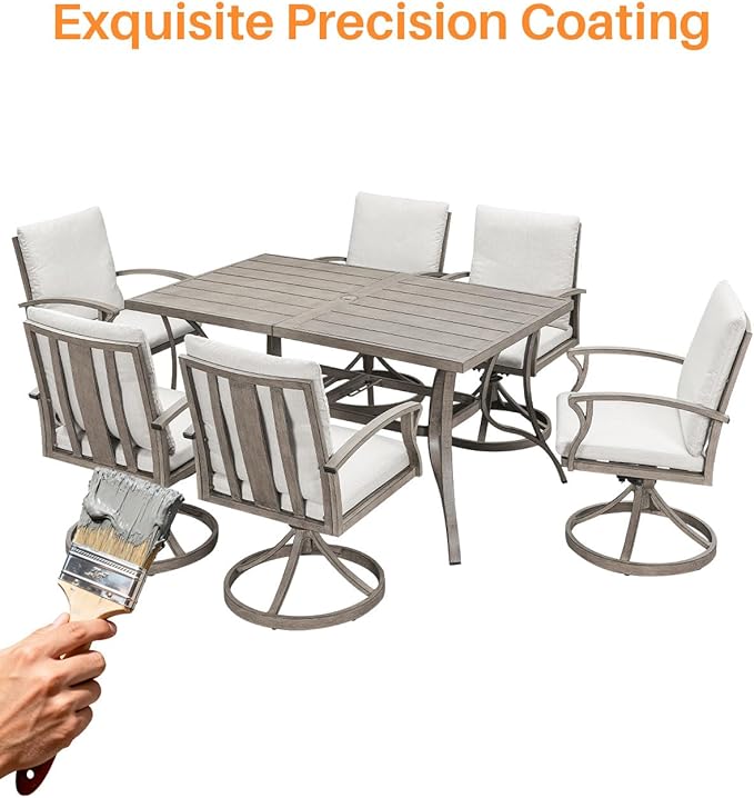 7-Piece Patio Swivel Dining Set for 6, Aluminum Outdoor Dining Set with Umbrella Hole, Patio Dining Furniture with Cushions, Outdoor Table and 6 Swivel Chairs for Deck Garden Yard, Limed Oak