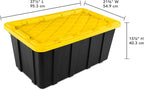 Sterilite 38 Gal Industrial Tote, Stackable Storage Bin with Snap-Fit Lid for Garage, Basement & Attic Storage, Black Base and Yellow Lily Lid, 4-Pack