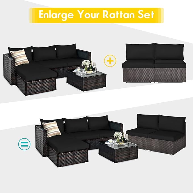 COSTWAY 2PCS PE Rattan Armless Sofa, Wicker Patio Conversation Set Chairs with Soft Cushion, Outdoor Sectional Furniture for Yard, Poolside (Black)