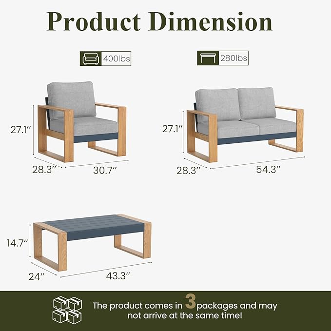 LayinSun 4 Pieces Aluminum Patio Furniture Set with Coffee Table, Oversized Seat with Hight Back, Outdoor Conversation Sets for Porch, Balcony, Deck