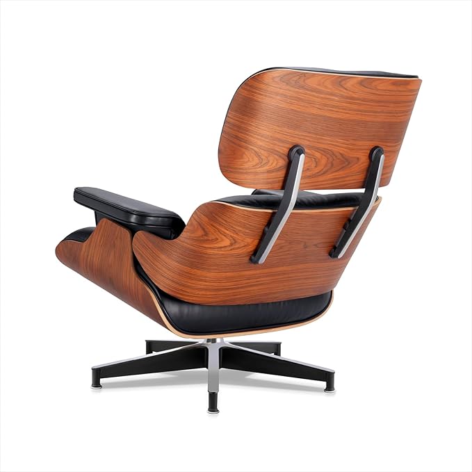 Top Black Grain Leather, Mid Century Chaise Lounge Chair and Ottoman, Leather Accent Chair, Modern Reading Chair, Classic Design, Heavy Duty Base Support for Living Room Lounge Office, Palisander