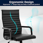Office Chair, Ergonomic Executive Conference Room Chairs, Ribbed Leather Desk Chair with Lumbar Support, Adjustable Height Mid-Back Swivel Chair with Padded Seat and Square Tube Armrests