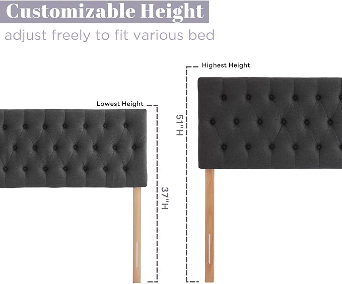 Kingfun Tufted Upholstered Full Size Bed Headboard in Modern Button Design, Adjustable Solid Wood Head Board, Premium Linen Fabric Padded Headboards in Bedroom (Dark Grey)