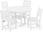 POLYWOOD Lakeside 5-Piece Outdoor Dining Set, Recycled HDPE Plastic Patio Furniture, Bistro Table and 4 Chairs, All-Weather Fade Proof, White, Made in USA