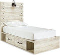 Signature Design by Ashley Cambeck Farmhouse Twin Panel Platform Bed with 2 Storage Drawers, Cubbies, Sconce Light and USB Ports, Foundation or Box Spring Not Needed, Whitewash