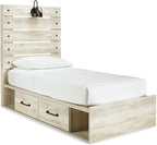 Signature Design by Ashley Cambeck Farmhouse Twin Panel Platform Bed with 2 Storage Drawers, Cubbies, Sconce Light and USB Ports, Foundation or Box Spring Not Needed, Whitewash
