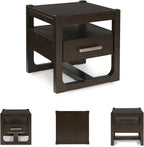 Signature Design by Ashley Breckington Modern End Table with 1 Drawer, Open Shelf and Trestle Base, Dark Brown