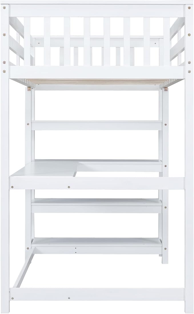 Twin Size Loft Bed with Storage Shelves and Under-Bed Desk,Bedroom Multifunctional Bed Frame w/Solid Wood Slat Support & Full-Length Guardrail,for Adult Boy Girl Teen,White