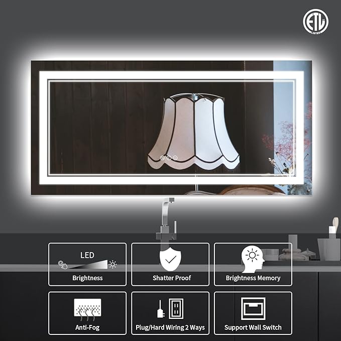 72 x 32 Inch LED Mirror for Bathroom with Front and Backlit,Large Lighted Bathrooom Mirrors for Wall,3 Colors Stepless Dimming Bathrooom Vanity Mirror LED Lights, Anti-Fog, Memory