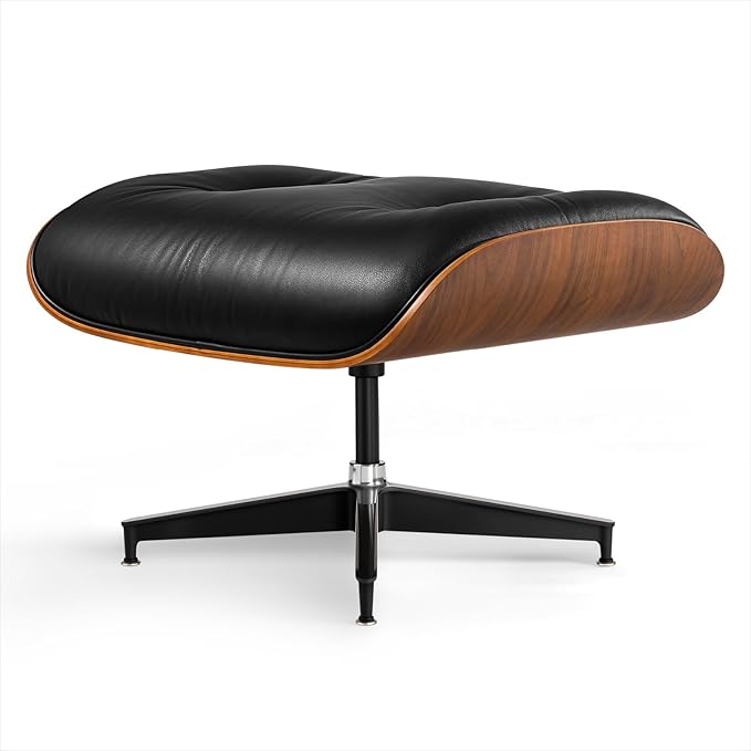 Top Black Grain Leather, Mid Century Chaise Lounge Chair and Ottoman, Modern Chair Classic Design, Heavy Duty Base Support for Living Room Study Lounge Office, Walnut