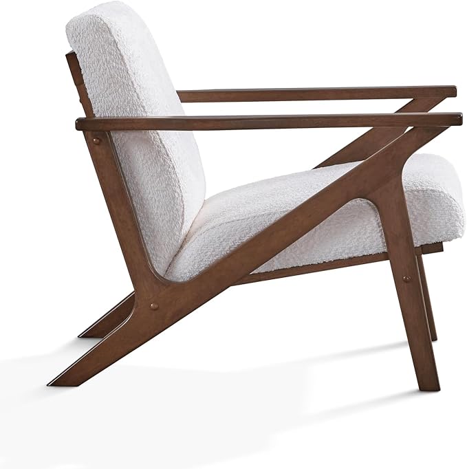 Zola Mid Century Modern Accent Chair Arm Chair: The Perfect Reading, Living Room, and Bedroom Chairs for Modern Home Furniture Use! Solid Wood Frame, White Boucle/Walnut