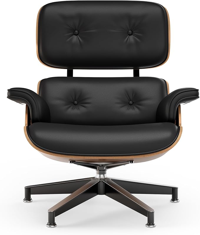 Top Black PU Leather, Mid Century Chaise Lounge Chair and Ottoman, Modern Chair Classic Design, Walnut Wood, Heavy Duty Base Support for Living Room Office