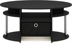 Furinno Jaya Simple Design Oval Coffee Table with Bin for Living Room, Americano/Chrome/Black
