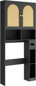 Vabches Rattan Toilet Storage Cabinet, Over Toilet Storage Wood Cabinet with 2 Doors & Toilet Paper Holder Stand, Bathroom Organizer Home Space Save Toilet Rack for Bathroom, Laundry, Restroom, Black