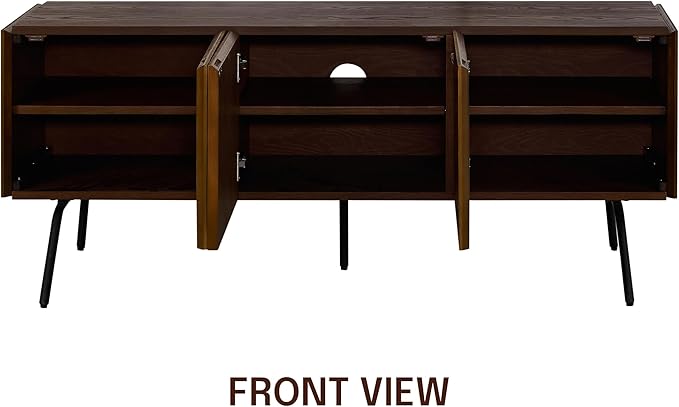 NTC Veil TV Stand with 3 Doors for TVs up to 60’’, Media Console with Vertical Groove Design and Metal Legs, Modern Entertainment Center for Living Room and Bedroom, Effortless Assembly, Dark Walnut