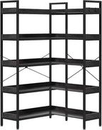 KOUSEI 5-Tier Corner Bookshelf, Reversible L-Shaped Bookcase with 4 Hooks, 65" Industrial Wood & Metal Storage Shelf for Living Room, Home Office & Bedroom, Black