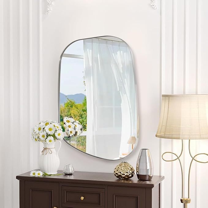 ANDY STAR 24"x32" Chrome Mirror, Silver Asymmetrical Wall Mirror for Bathroom, Unique Irregular Design with SUS304 Stainless Steel Metal Frame, Ideal for Bathroom, Bedroom, Entryway