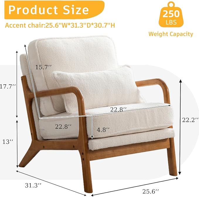 Mid-Century Accent Chair,Sherpa Fabric Lounge Chair with Wide Armrest,Sherpa Fabric Armchair with Lumbar Pillow & Solid Wood Frame for Living Room, Bedroom, Balcony(White)