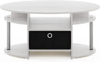 Furinno Jaya Simple Design Oval Coffee Table with Bin for Living Room, White Oak/Chrome/Black