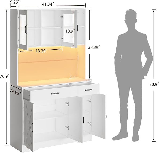 71" Kitchen Pantry Cabinet: Hutch Cabinets with Glass Doors, Pantry Cabinets with Drawers, Adjustable Shelves, LED Light & Power Outlets for Kitchen, Living Room, Dining Room