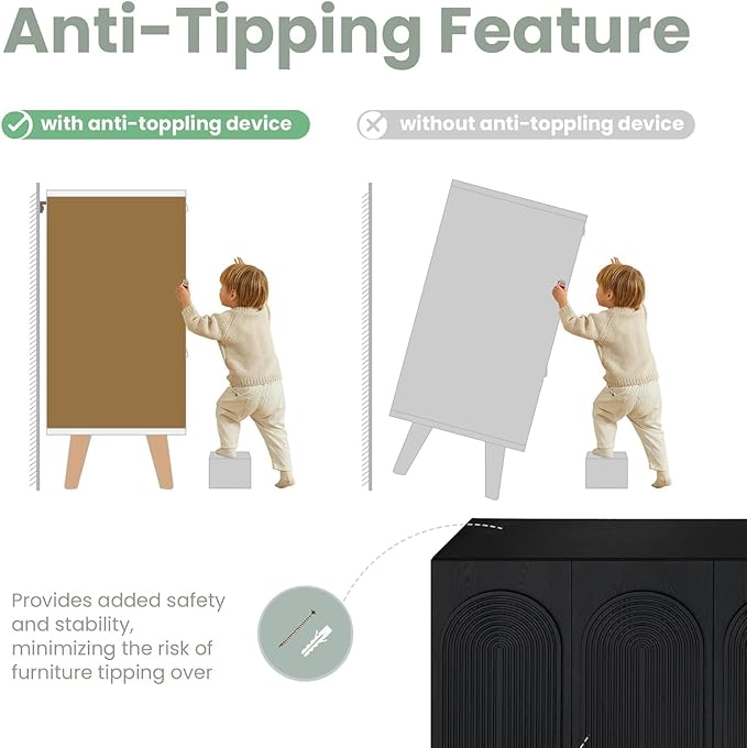 Sideboard Buffet Cabinet with Adjustable Shelves, Modern Storage Cabinet with Arched 3D Carved Wood Doors, Credenza Accent Cabinet for Living Room, Dining Room, Entryway (59" Arched Black, 1)