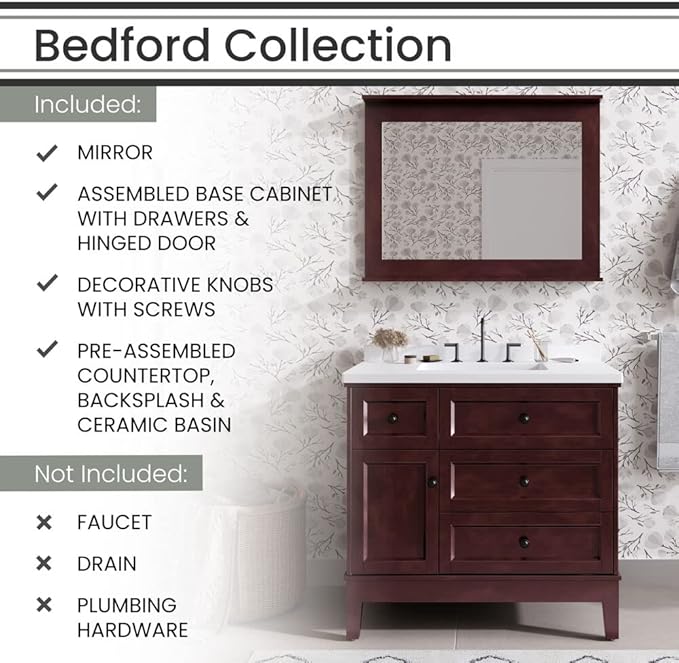 Hanover 36 Set Includes w, Brown Bedford 36'' Vanity Sink Combo for Bathroom, Powder Room | Pre-Assembled 1 Door, 3 Drawers | Accent Mirror | Artificial Stone Countertop, Cabinet, 36 inches