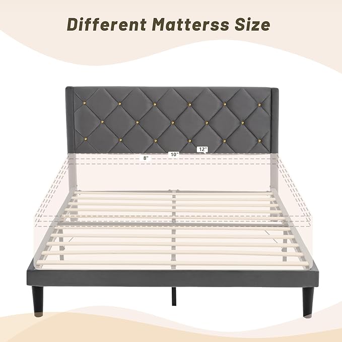 Full Size Platform Bed Frame with Velvet Upholstered Headboard and Sturdy Wooden Slats Support,Mattress Foundation，Easy Assembly, No Box Spring Needed,Slip Resistant (Grey, Full)