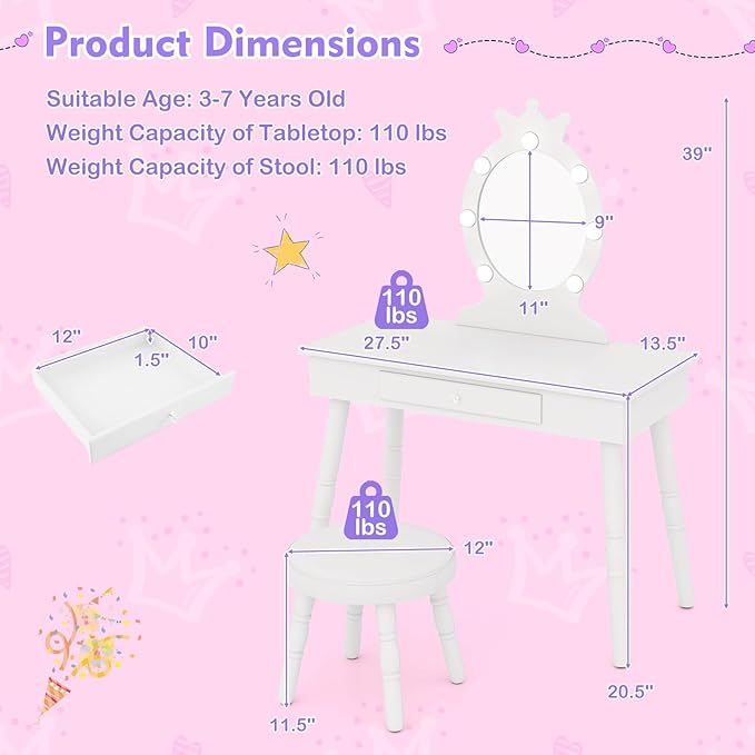 Costzon Kids Vanity, Girls Vanity Set with Mirror and Stool and Lights, Drawer, 2 in 1 Wooden Toddler Makeup Vanity Desk Dressing Table, Kids Vanity Table and Chair Set (White)