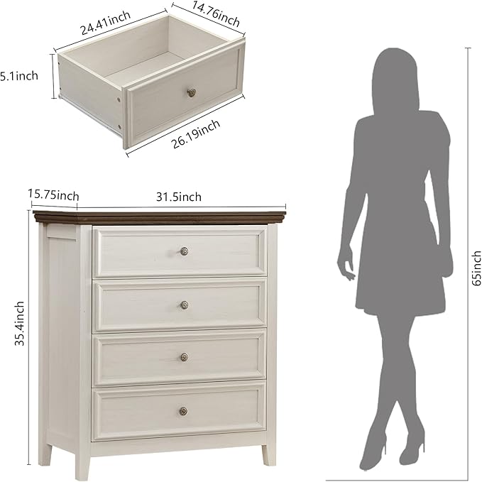 BLANKSPACE Dresser for Bedroom, 4 Drawer Dresser, Modern 4 Chest of Drawers, Farmhouse Storage Cabinet with 4 Drawers for Home Office, Dining Room, Antique White