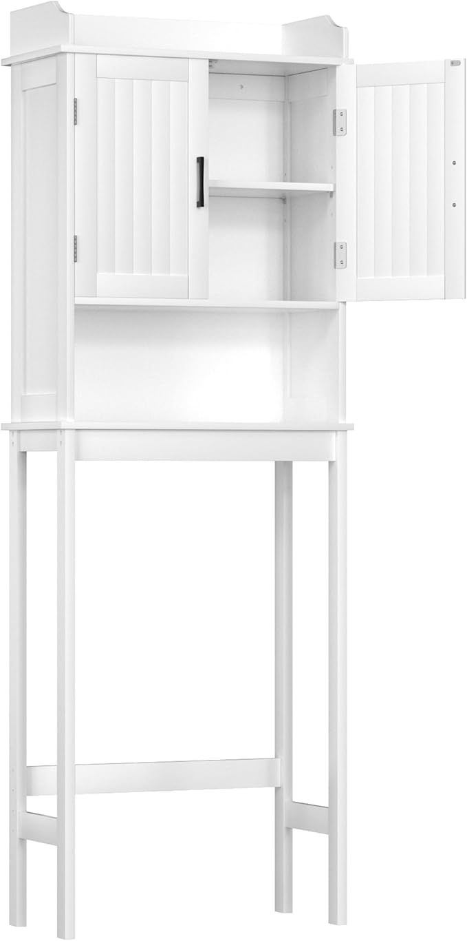 Over-The-Toilet Storage Shelf with Doors, Bathroom Freestanding Space Saver Organizer with Adjustable Shelf, White