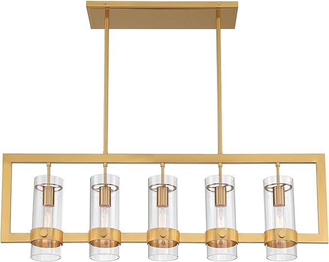 Possini Euro Design Camden Brass Island Linear Pendant Chandelier 42" Wide Modern Open Rectangle Frame Clear Glass Tube Shades 5-Light Fixture for Dining Room House Foyer Kitchen Entryway Bedroom