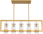 Possini Euro Design Camden Brass Island Linear Pendant Chandelier 42" Wide Modern Open Rectangle Frame Clear Glass Tube Shades 5-Light Fixture for Dining Room House Foyer Kitchen Entryway Bedroom