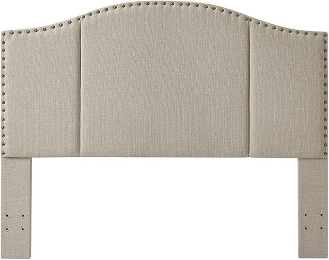 24KF Middle Century Linen Upholstered Tufted Queen Size Headboard with Antique Brass Nail Heads Trim Queen/Full headboard-Linen