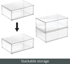 mDesign Plastic Stackable Bathroom Storage Organizer Bin Containers with Front Pull Drawer for Bathroom Countertop, Vanity, Closet Shelves - Holder for Beauty Accessories - Lumiere Collection - Clear