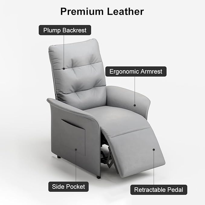 Power Recliner Accent Chair with Side Pocket High-Back 180° Recline Faux Leather Living Room Chairs, Comfy Chair for Bedroom Reading (Gray)