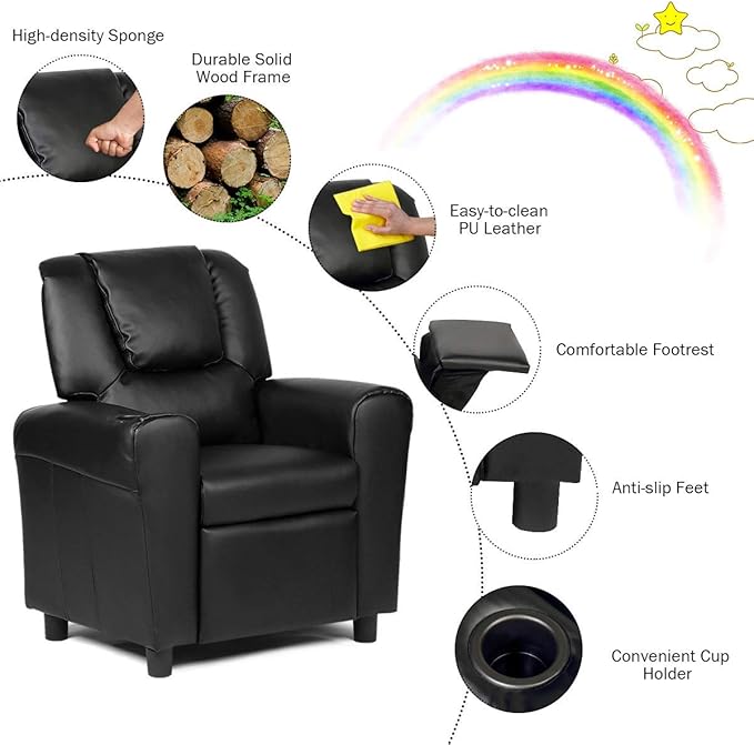 Costzon Kids Recliner Chair with Cup Holder, Toddler Furniture Children Armrest Sofa w/Headrest & Footrest for Girls Boys Baby Bedroom, Kids Room, PU Leather Kids Recliner Couch (Black)