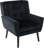 Dolonm Midcentury Modern Velvet Accent Chair with Arms, Upholstered Reading Side Chair Tufted Back Decorative Wingback Chair for Living Room Bedroom (Black)