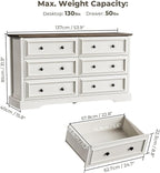 Farmhouse 6 Drawer Dresser for Bedroom, 54" Wide Wood Dresser with Natural Texture, Rustic Chest of Drawers for Bedroom with Vintage Metal Hands, for Living Room, Hallway, Antique White