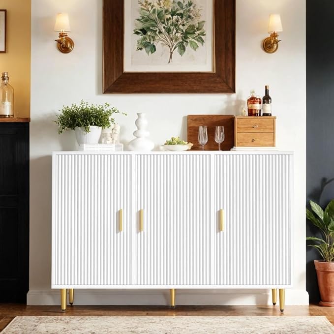 White Sideboard Buffet Cabinet, Accent Coffee Bar with 3 Doors, Entryway Cabinet for Living Room, Kitchen, Hallway