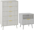 LYNSOM Fluted Dresser and Nightstand Sets 2 Piece, 1-Drawer Nightstands and 5-Drawers Dresser, Wood Bedroom Furniture Set for Home, Bedroom, Hallway, White