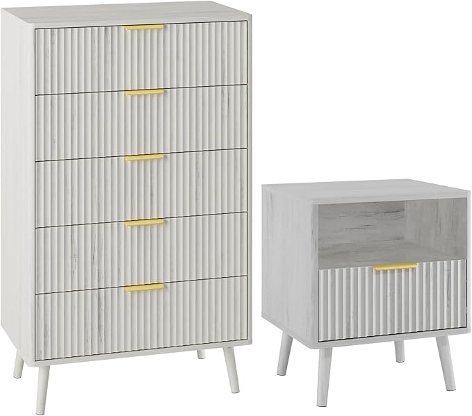 LYNSOM Fluted Dresser and Nightstand Sets 2 Piece, 1-Drawer Nightstands and 5-Drawers Dresser, Wood Bedroom Furniture Set for Home, Bedroom, Hallway, White