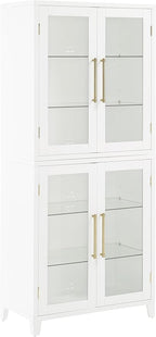 Crosley Furniture Roarke Glass Door Kitchen Pantry Storage Cabinet with Doors and Shelves, Living Room, White